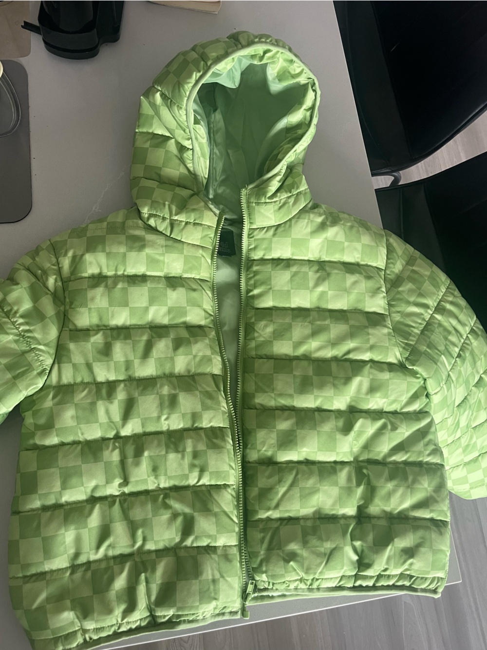 Checkerboard Hooded Puffer Jacket - Lime Green